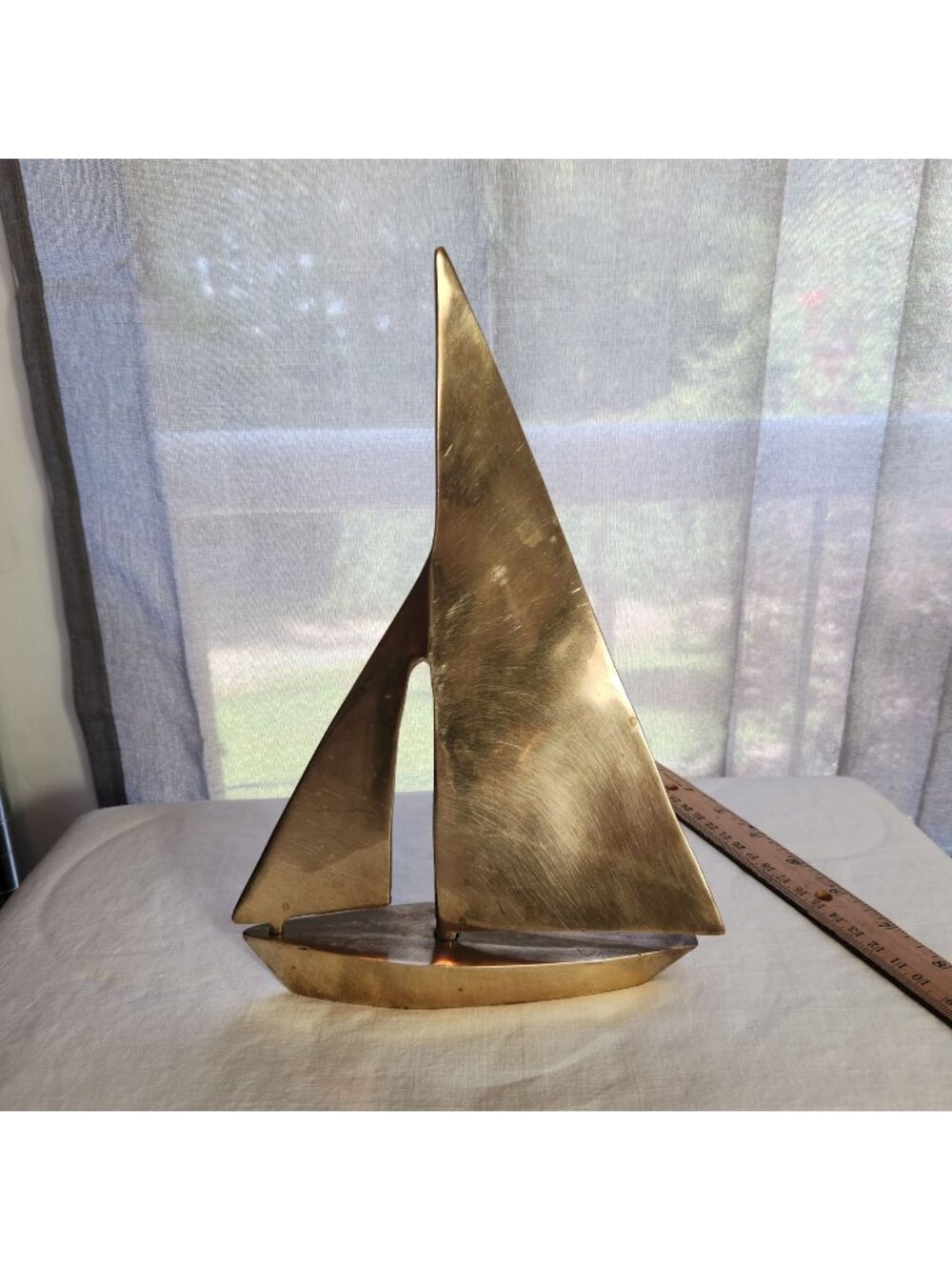 Vintage Solid Brass Sailboat Sculpture 10" Tall Nautical Decor With Patina Finis
